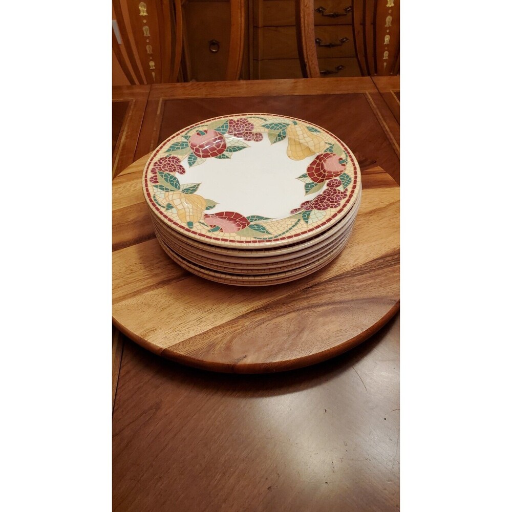 PIER 1 MOSAIC FRUIT DINNER PLATE(S) 10 1/2"  A set of 7 WITH MINOR DEFECTS